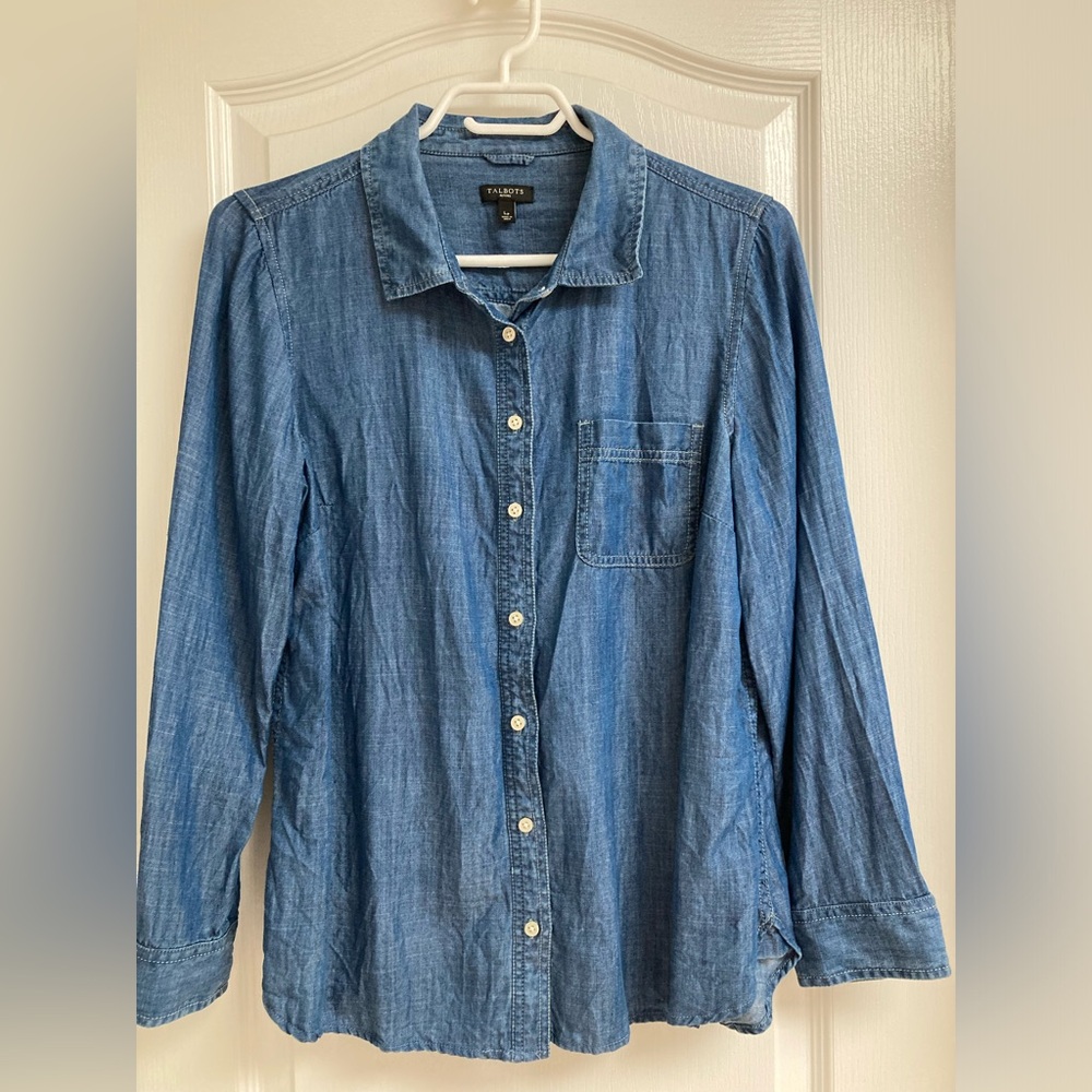 Talbots Blue Denim Chambray Long Sleeve Blouse Western Shirt Lyocell - Size Lp